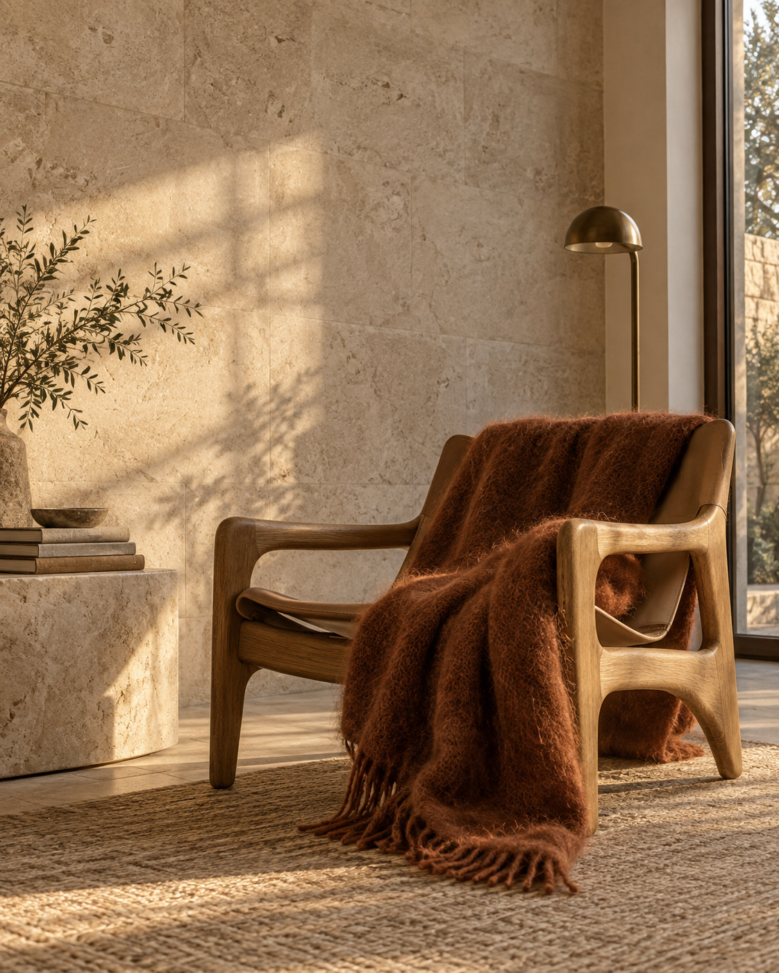 Rust-coloured mohair blanket on a sculptural oak lounge chair