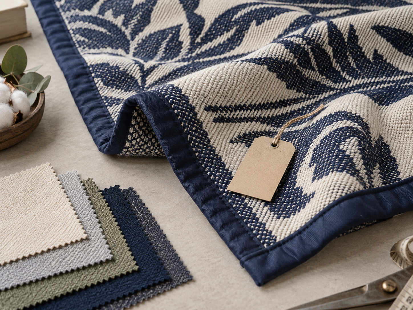 Woven navy blanket detail with fabric colour swatches and blank hang tag