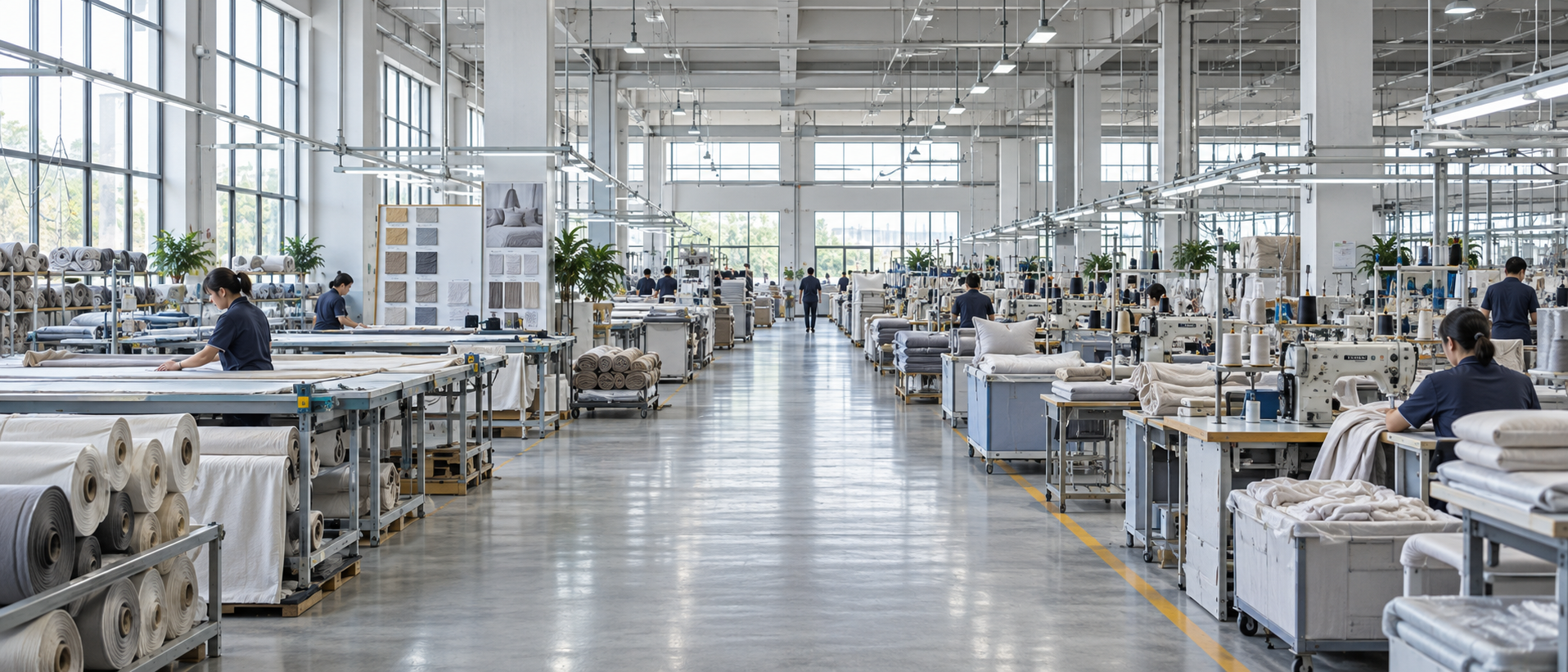 Wide view of Lelmy's bright and organised Shenzhen blanket factory floor