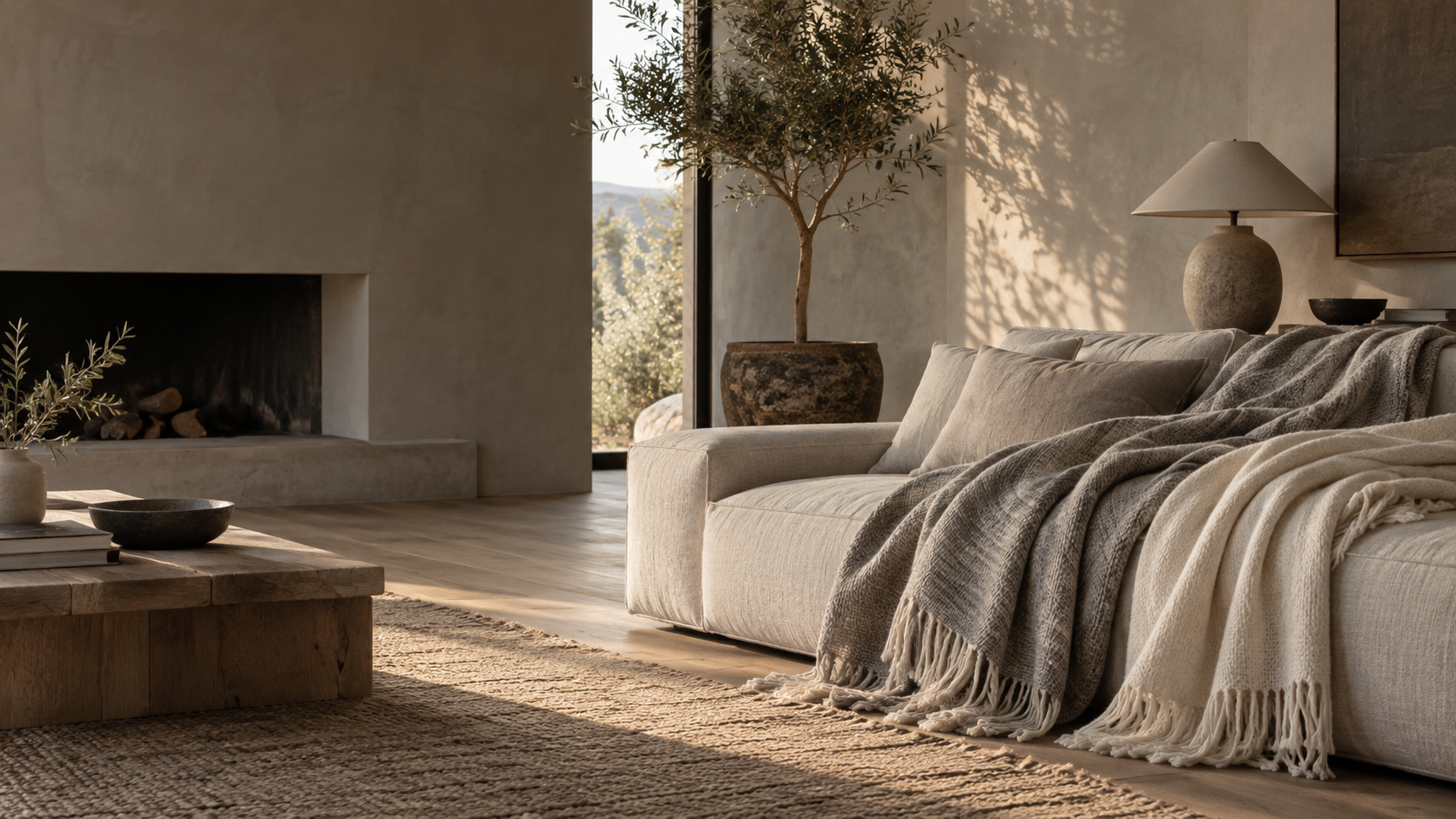 Premium woven blankets draped over a linen sofa in a contemporary European-style living room
