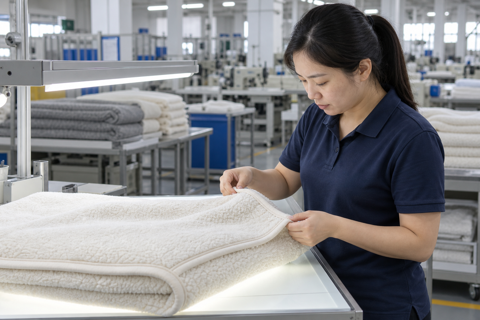 Asian quality control technician inspecting the edge binding of a fleece blanket